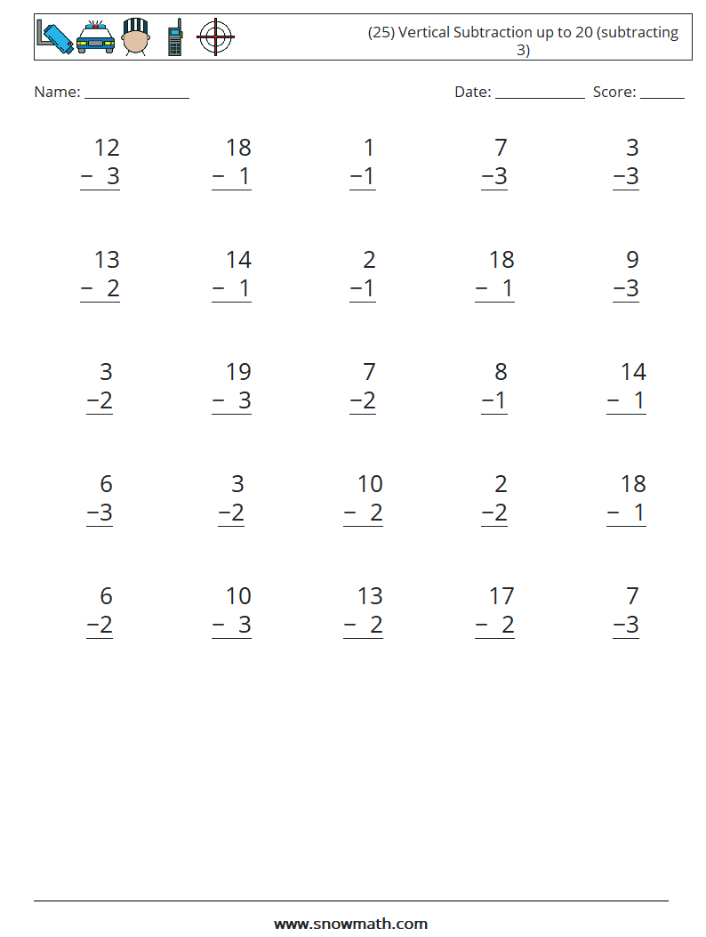 (25) Vertical Subtraction up to 20 (subtracting 3) Maths Worksheets 10