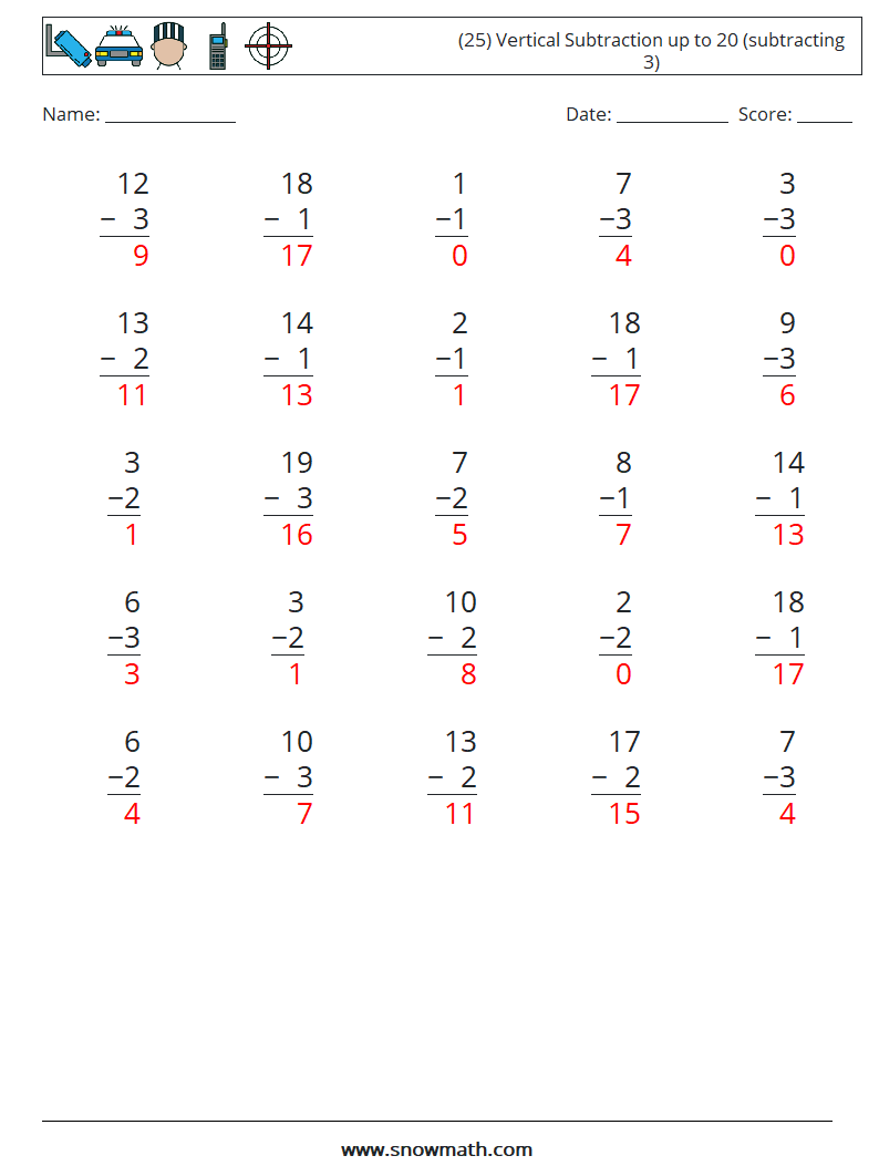 (25) Vertical Subtraction up to 20 (subtracting 3) Maths Worksheets 10 Question, Answer