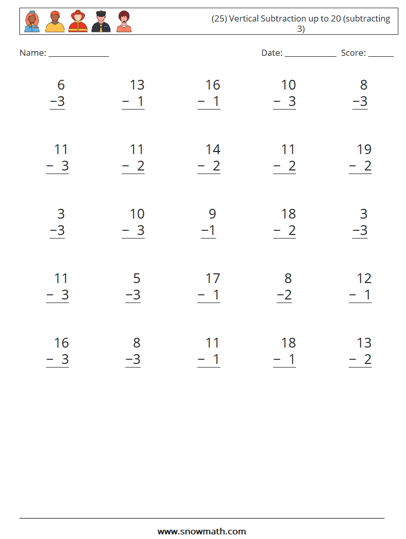(25) Vertical Subtraction up to 20 (subtracting 3) Maths Worksheets 11