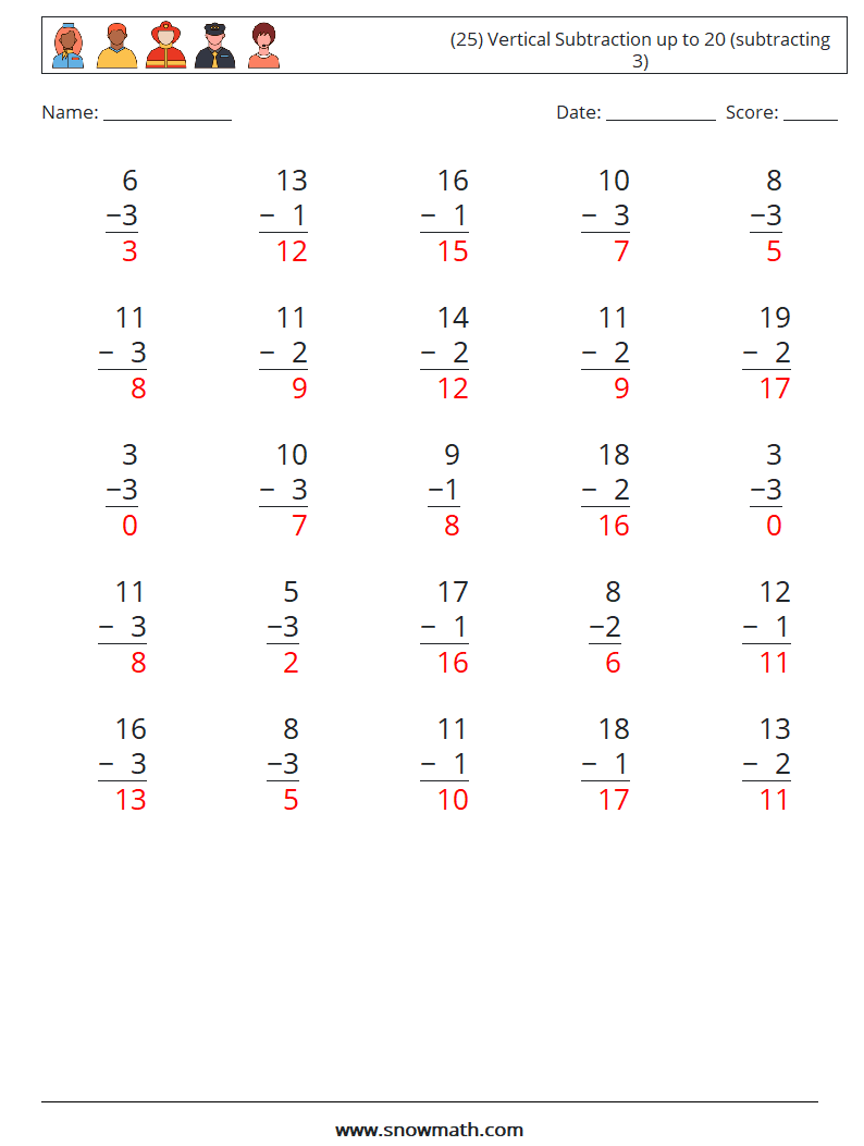 (25) Vertical Subtraction up to 20 (subtracting 3) Maths Worksheets 11 Question, Answer