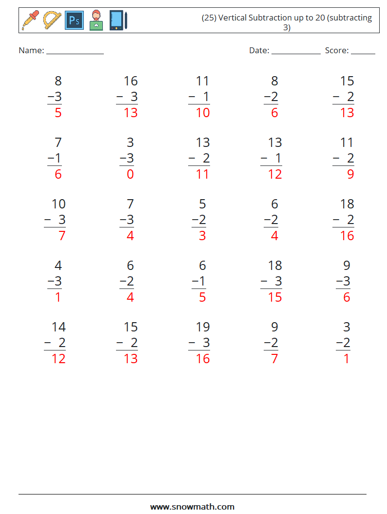 (25) Vertical Subtraction up to 20 (subtracting 3) Maths Worksheets 12 Question, Answer