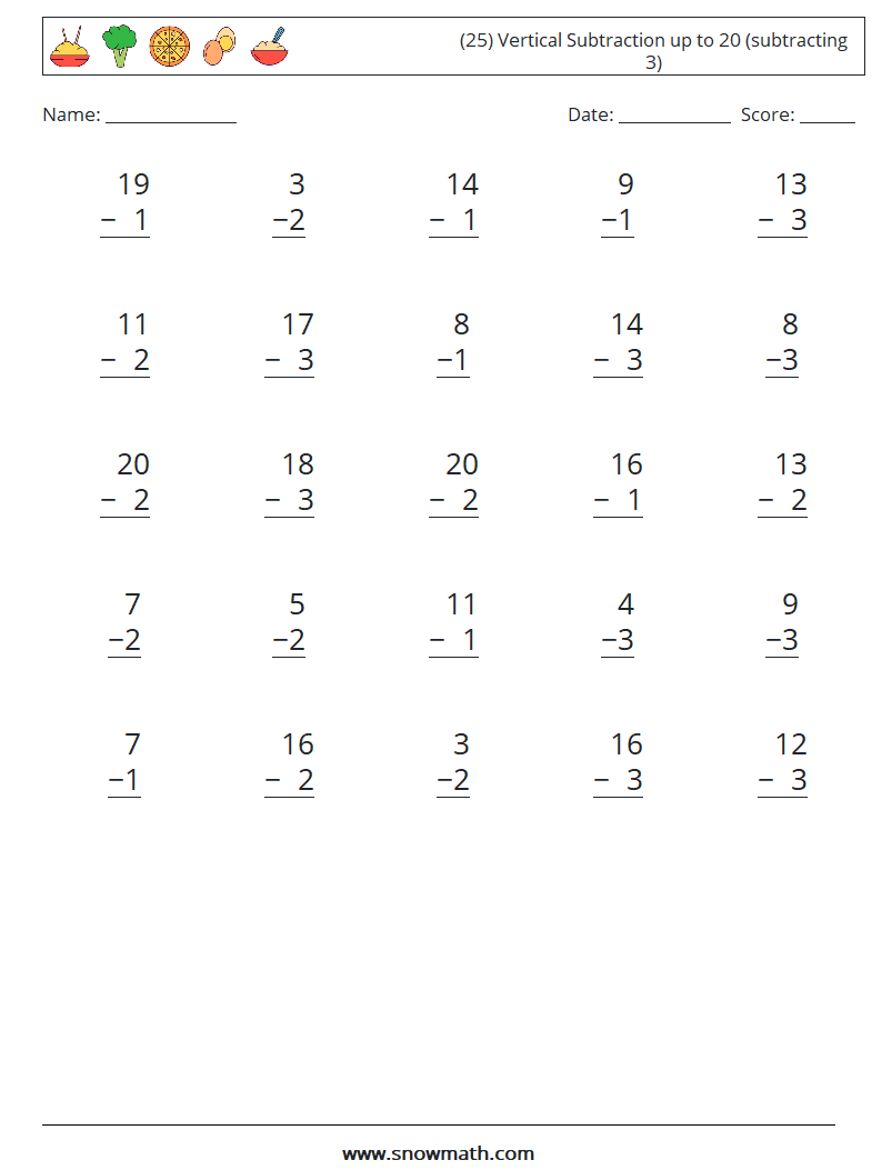 (25) Vertical Subtraction up to 20 (subtracting 3) Maths Worksheets 13