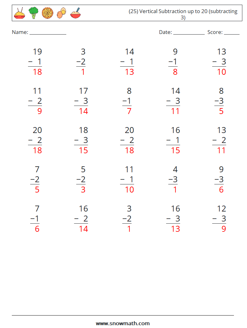 (25) Vertical Subtraction up to 20 (subtracting 3) Maths Worksheets 13 Question, Answer