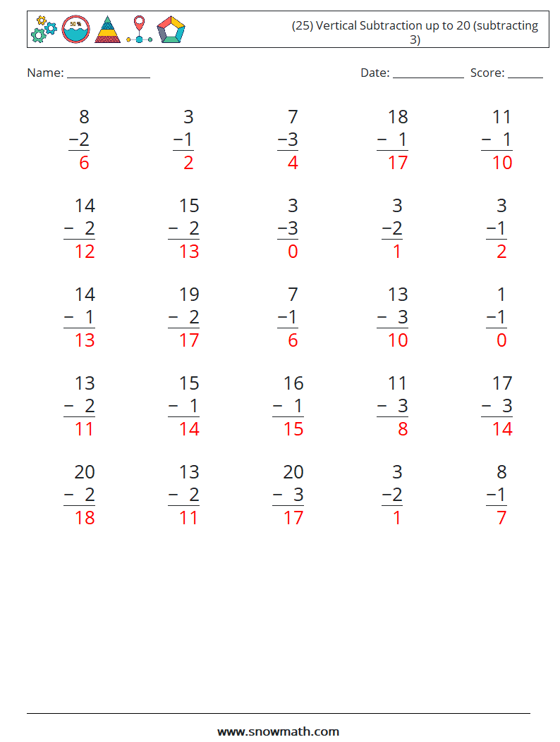(25) Vertical Subtraction up to 20 (subtracting 3) Maths Worksheets 14 Question, Answer