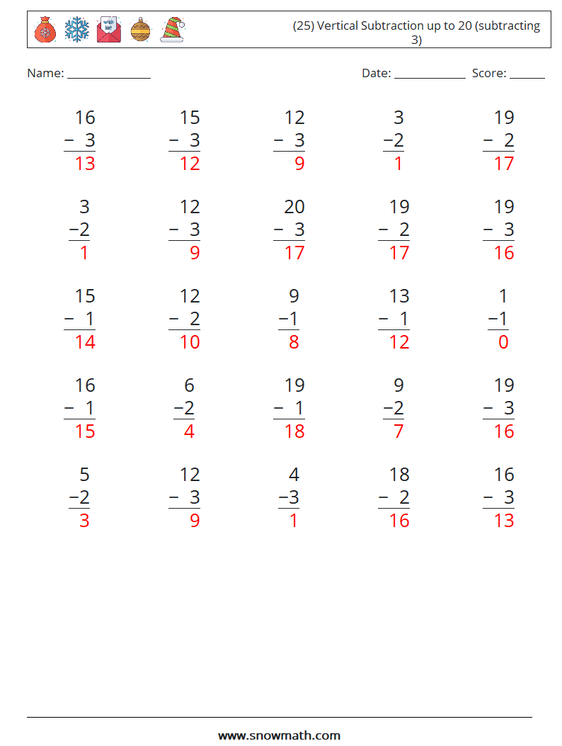 (25) Vertical Subtraction up to 20 (subtracting 3) Maths Worksheets 15 Question, Answer