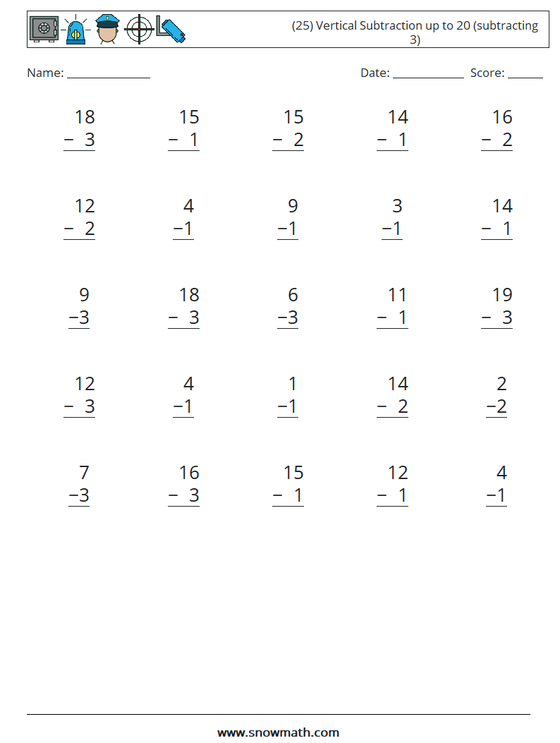 (25) Vertical Subtraction up to 20 (subtracting 3) Maths Worksheets 16