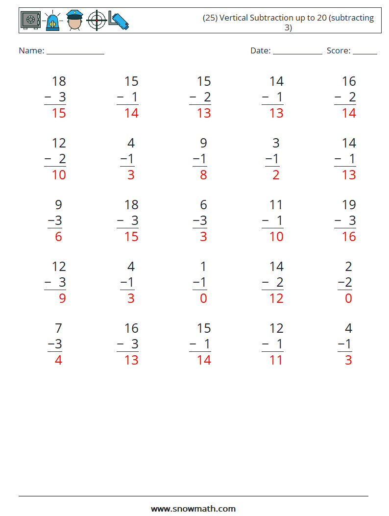 (25) Vertical Subtraction up to 20 (subtracting 3) Maths Worksheets 16 Question, Answer
