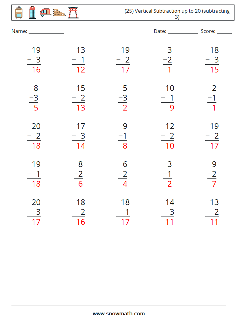 (25) Vertical Subtraction up to 20 (subtracting 3) Maths Worksheets 2 Question, Answer