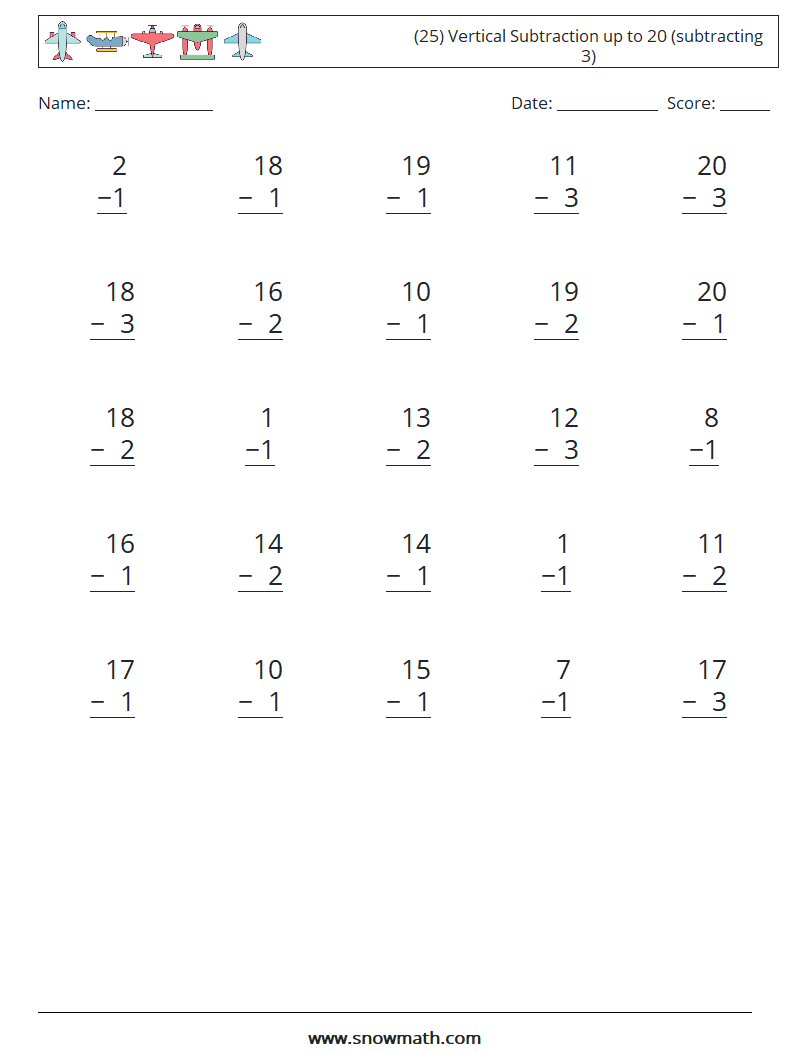 (25) Vertical Subtraction up to 20 (subtracting 3) Maths Worksheets 3