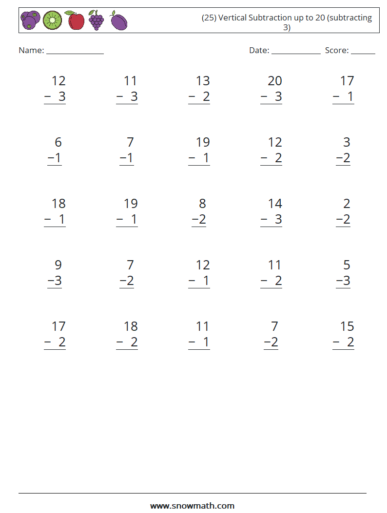 (25) Vertical Subtraction up to 20 (subtracting 3) Maths Worksheets 4