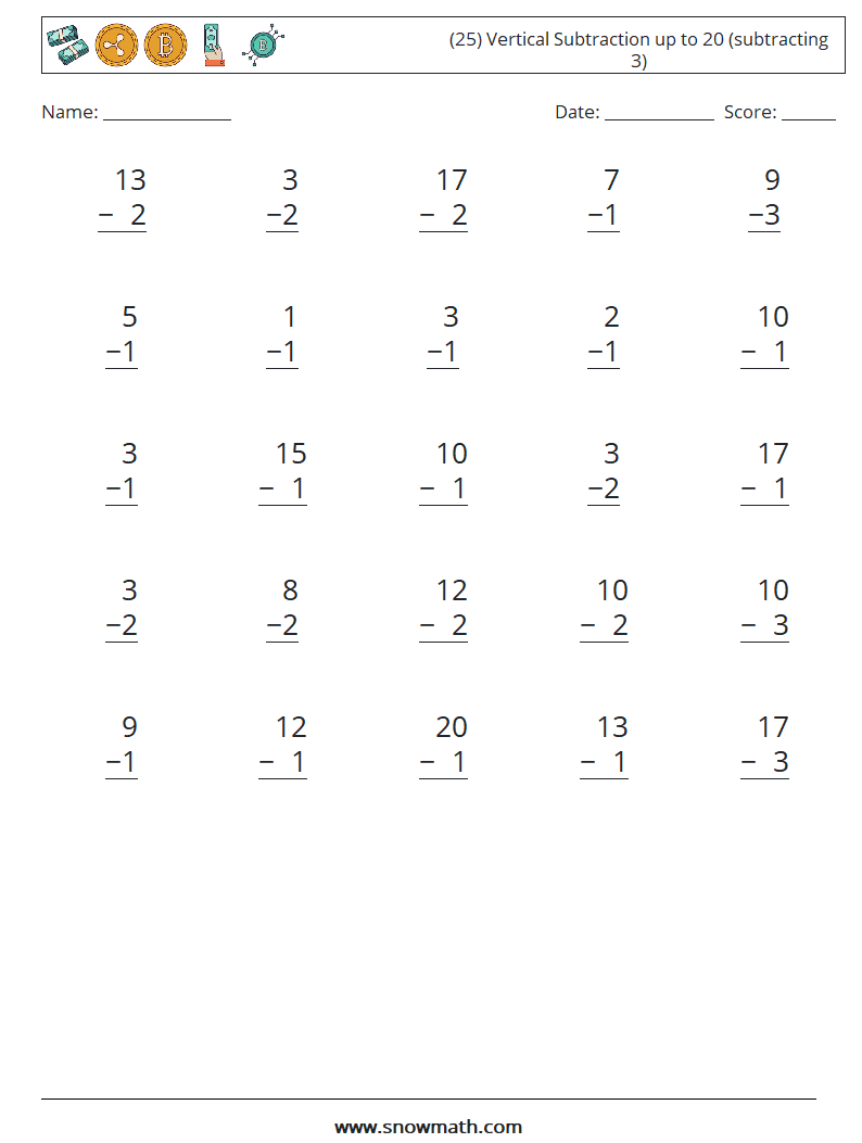 (25) Vertical Subtraction up to 20 (subtracting 3) Maths Worksheets 5