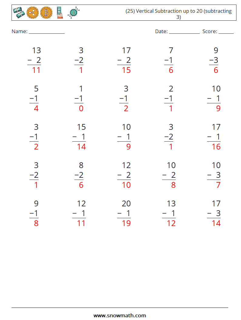 (25) Vertical Subtraction up to 20 (subtracting 3) Maths Worksheets 5 Question, Answer