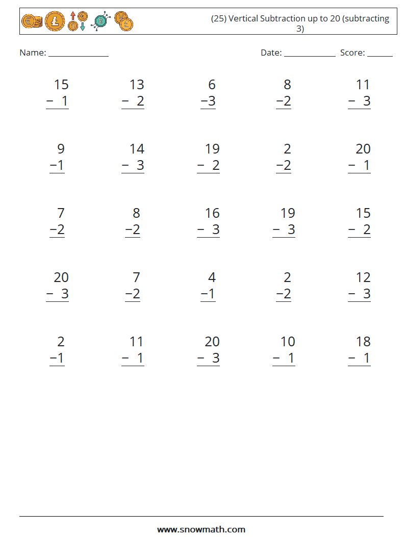 (25) Vertical Subtraction up to 20 (subtracting 3) Maths Worksheets 6