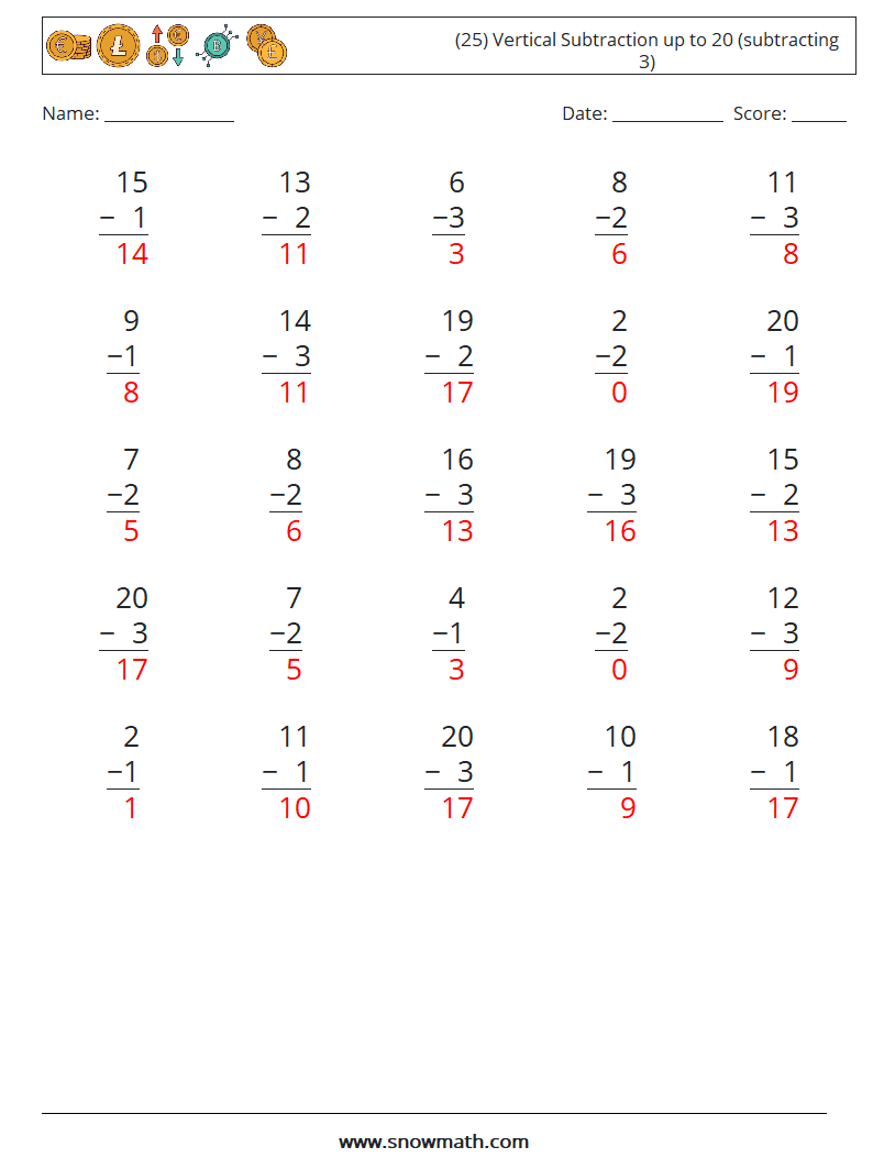 (25) Vertical Subtraction up to 20 (subtracting 3) Maths Worksheets 6 Question, Answer