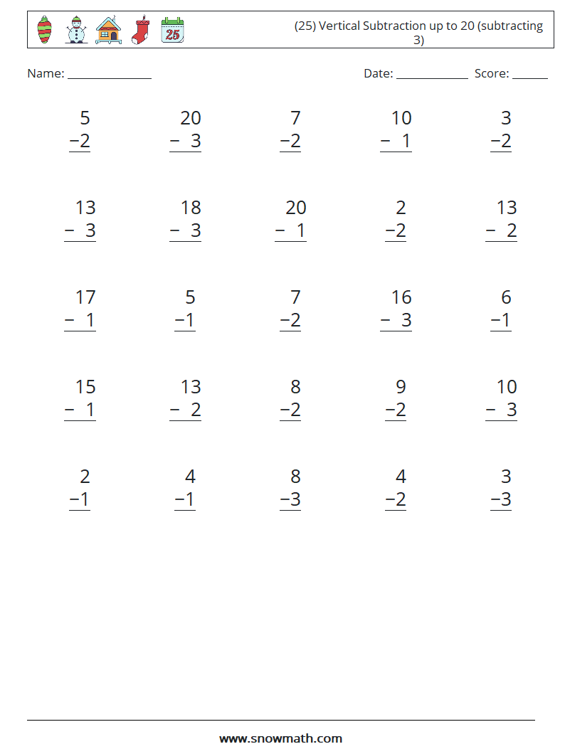 (25) Vertical Subtraction up to 20 (subtracting 3) Maths Worksheets 7