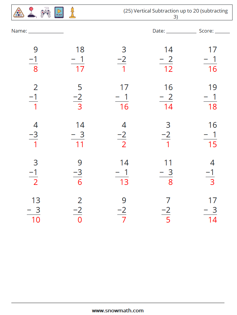 (25) Vertical Subtraction up to 20 (subtracting 3) Maths Worksheets 8 Question, Answer