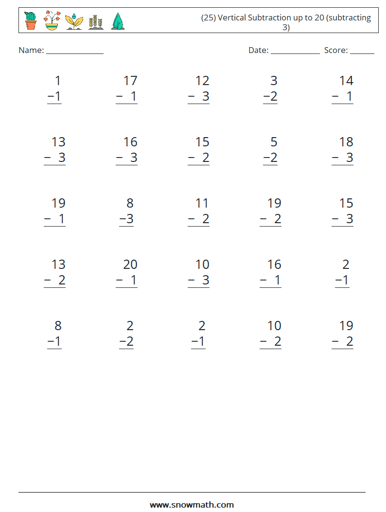 (25) Vertical Subtraction up to 20 (subtracting 3) Maths Worksheets 9