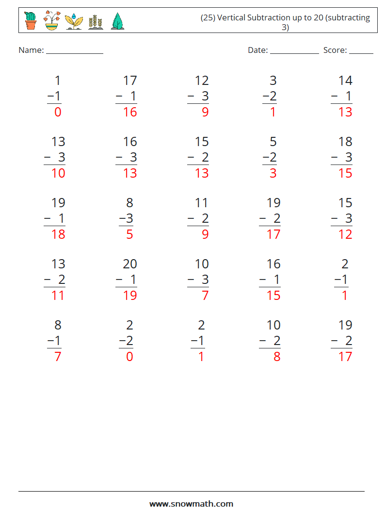 (25) Vertical Subtraction up to 20 (subtracting 3) Maths Worksheets 9 Question, Answer