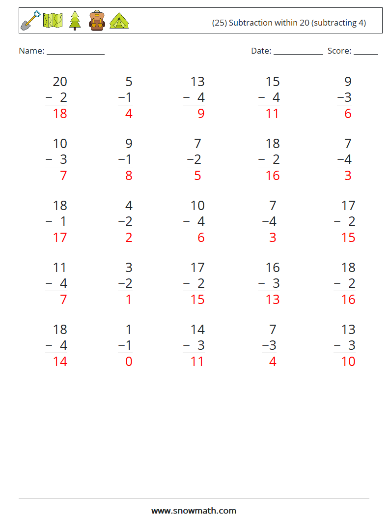 (25) Subtraction within 20 (subtracting 4) Maths Worksheets 11 Question, Answer