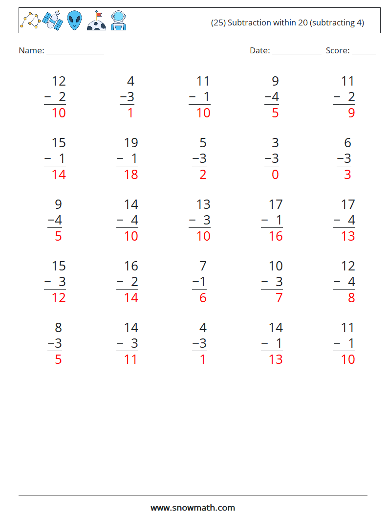 (25) Subtraction within 20 (subtracting 4) Maths Worksheets 12 Question, Answer