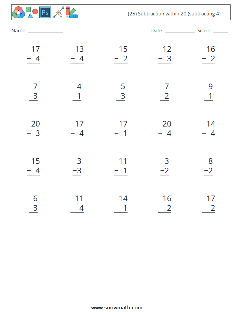 (25) Subtraction within 20 (subtracting 4) Maths Worksheets 14