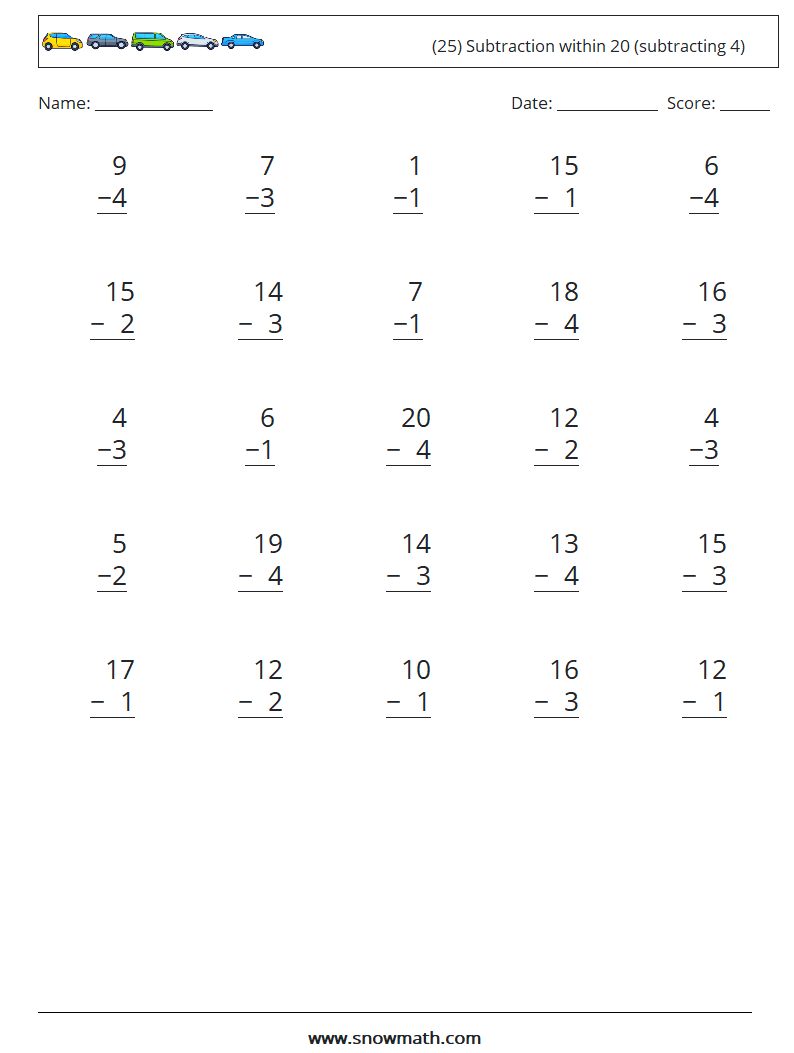 (25) Subtraction within 20 (subtracting 4) Maths Worksheets 15