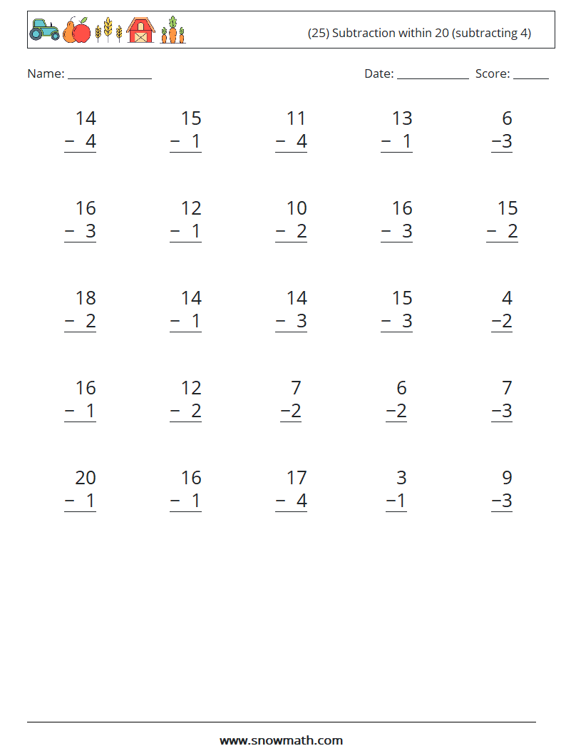 (25) Subtraction within 20 (subtracting 4) Maths Worksheets 16