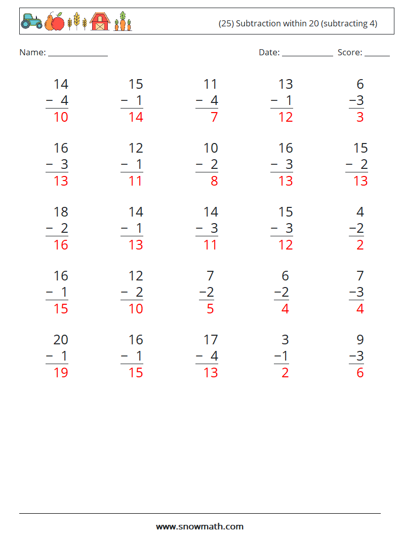 (25) Subtraction within 20 (subtracting 4) Maths Worksheets 16 Question, Answer