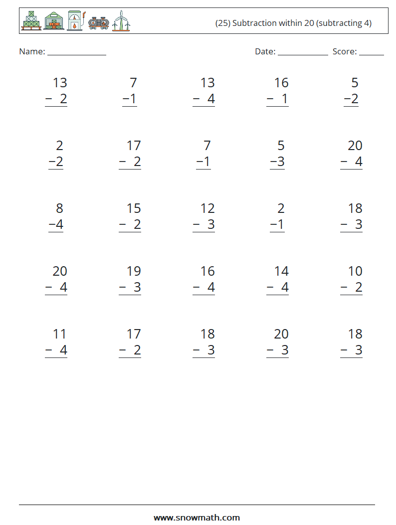 (25) Subtraction within 20 (subtracting 4) Maths Worksheets 5