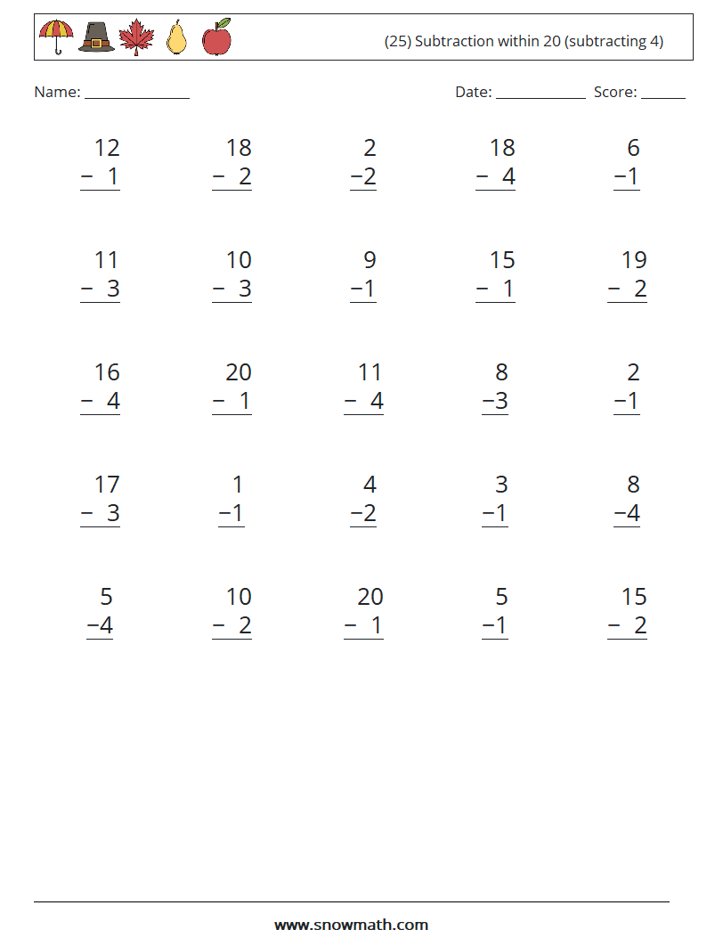 (25) Subtraction within 20 (subtracting 4) Maths Worksheets 9