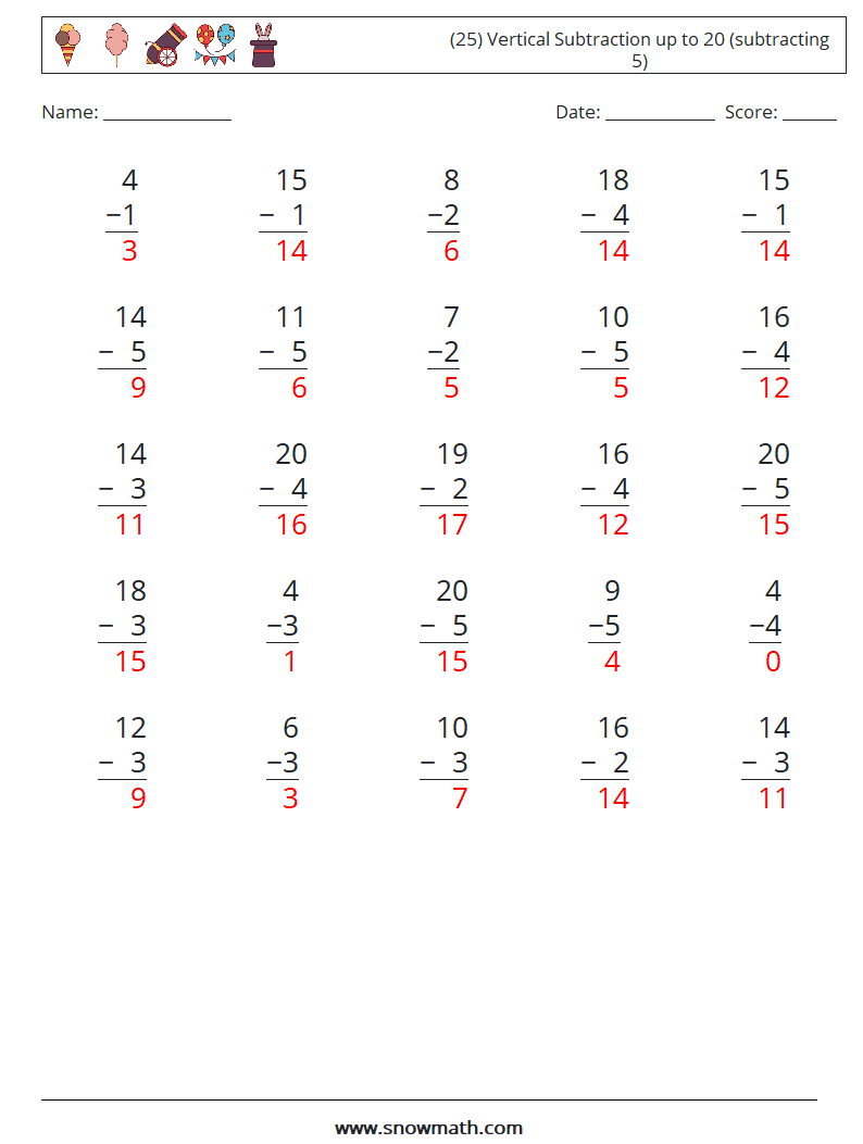 (25) Vertical Subtraction up to 20 (subtracting 5) Maths Worksheets 10 Question, Answer