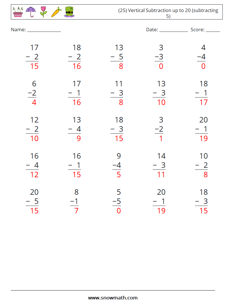 (25) Vertical Subtraction up to 20 (subtracting 5) Maths Worksheets 11 Question, Answer