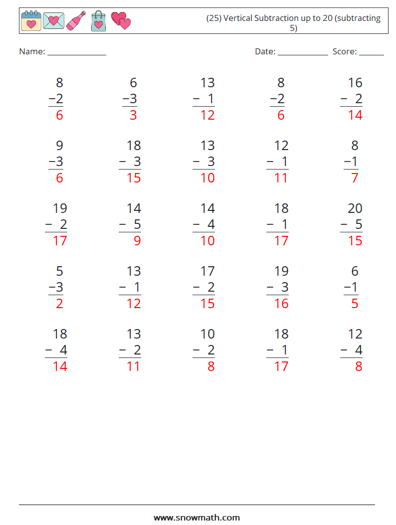 (25) Vertical Subtraction up to 20 (subtracting 5) Maths Worksheets 13 Question, Answer