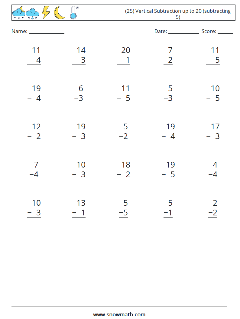 (25) Vertical Subtraction up to 20 (subtracting 5) Maths Worksheets 15