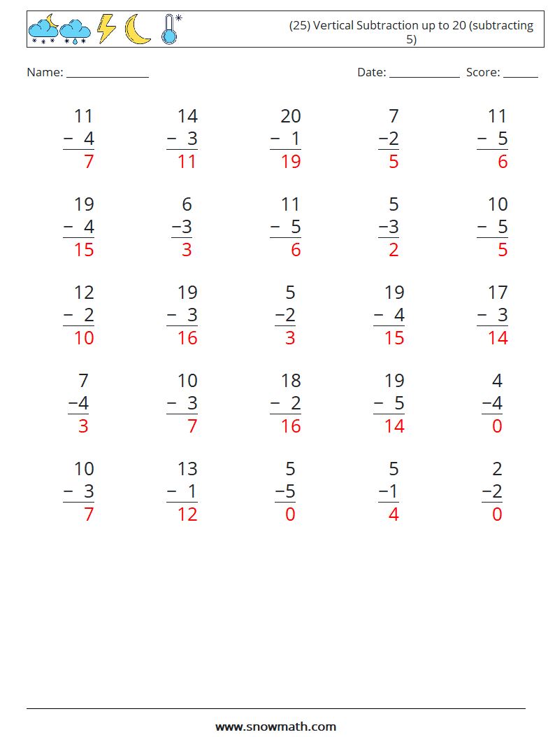 (25) Vertical Subtraction up to 20 (subtracting 5) Maths Worksheets 15 Question, Answer