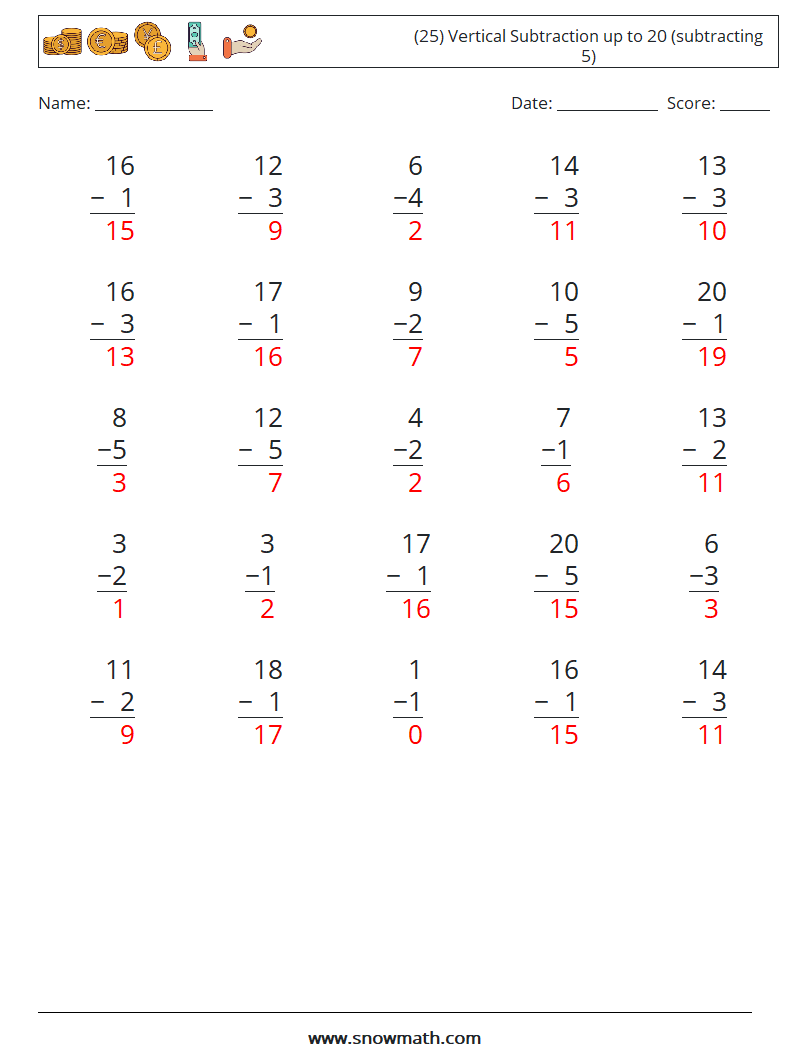 (25) Vertical Subtraction up to 20 (subtracting 5) Maths Worksheets 16 Question, Answer