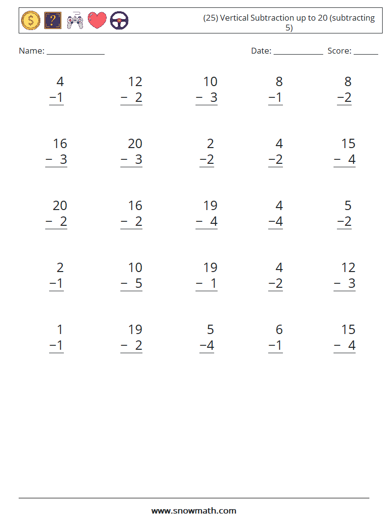 (25) Vertical Subtraction up to 20 (subtracting 5) Maths Worksheets 18