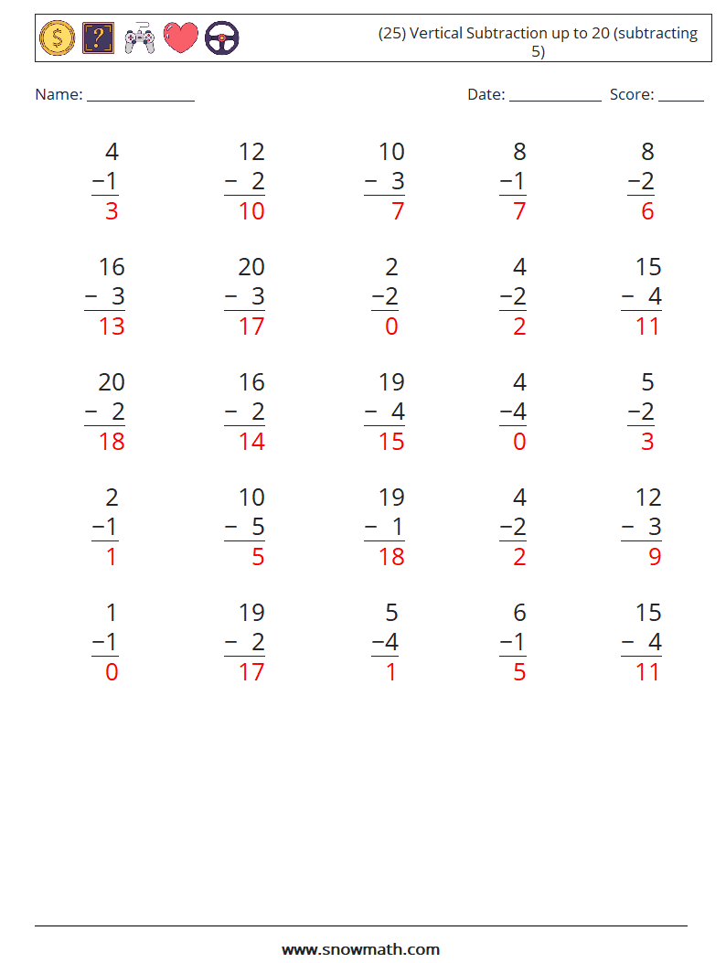(25) Vertical Subtraction up to 20 (subtracting 5) Maths Worksheets 18 Question, Answer