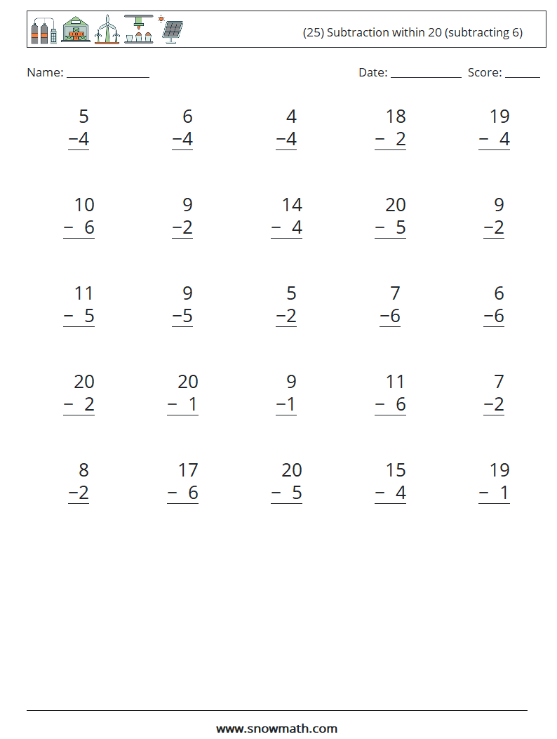 (25) Subtraction within 20 (subtracting 6) Maths Worksheets 12