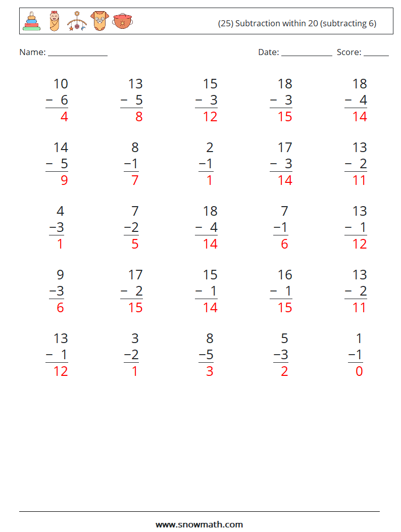 (25) Subtraction within 20 (subtracting 6) Maths Worksheets 13 Question, Answer