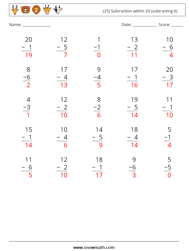 (25) Subtraction within 20 (subtracting 6) Maths Worksheets 14 Question, Answer