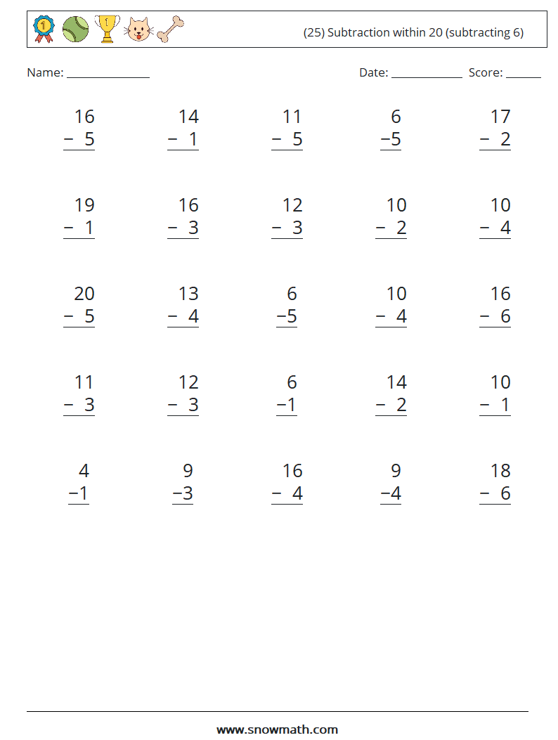 (25) Subtraction within 20 (subtracting 6) Maths Worksheets 15