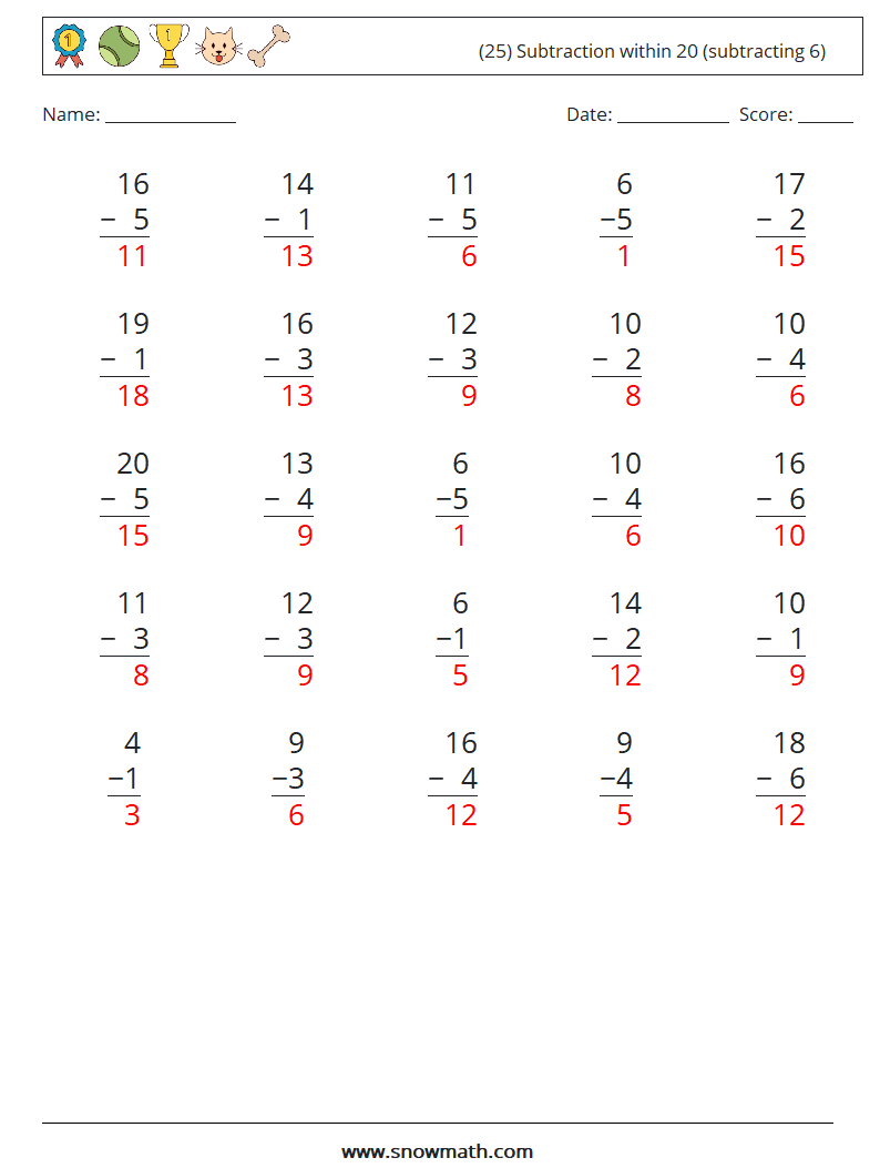 (25) Subtraction within 20 (subtracting 6) Maths Worksheets 15 Question, Answer