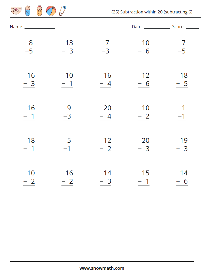 (25) Subtraction within 20 (subtracting 6) Maths Worksheets 16