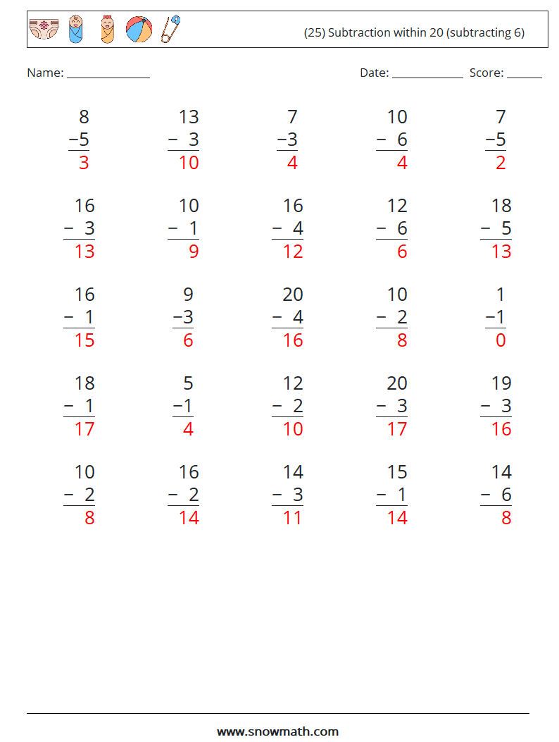 (25) Subtraction within 20 (subtracting 6) Maths Worksheets 16 Question, Answer