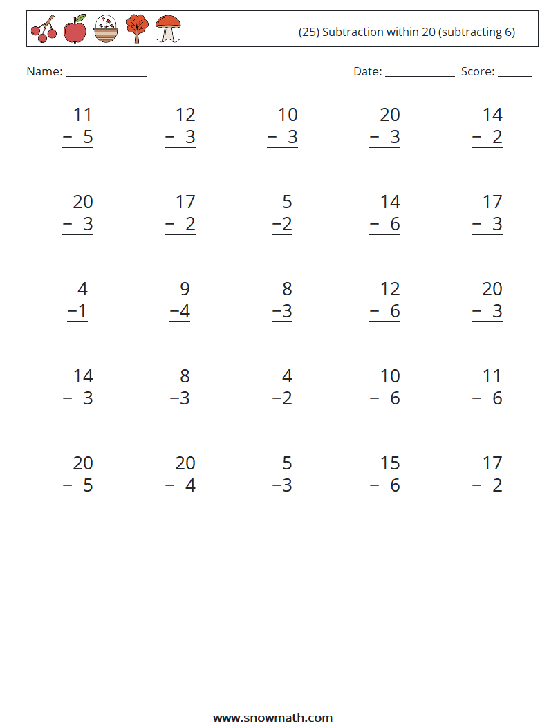 (25) Subtraction within 20 (subtracting 6) Maths Worksheets 6