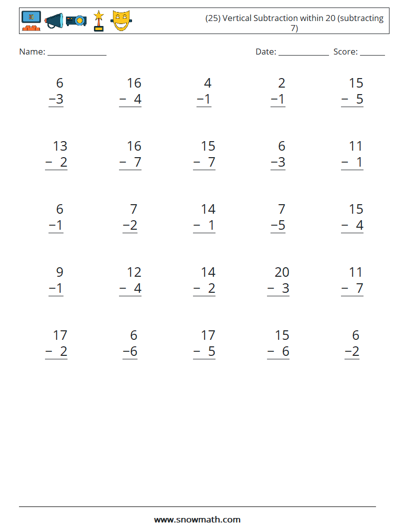 (25) Vertical Subtraction within 20 (subtracting 7) Maths Worksheets 1