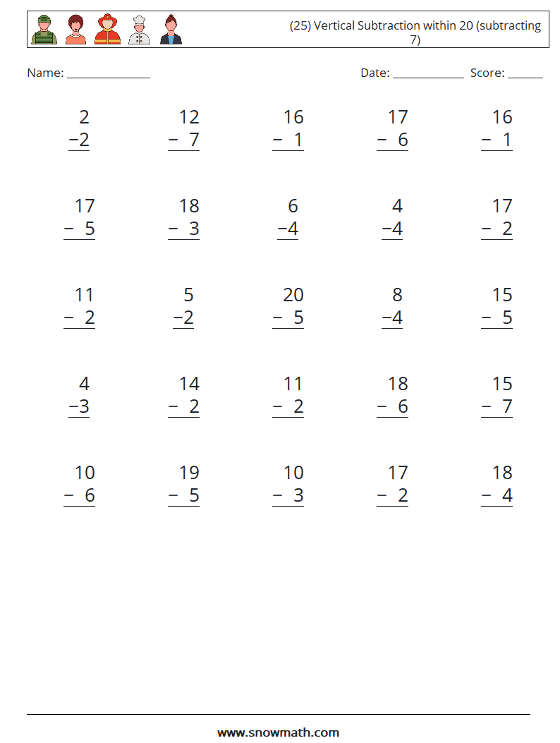 (25) Vertical Subtraction within 20 (subtracting 7) Maths Worksheets 10