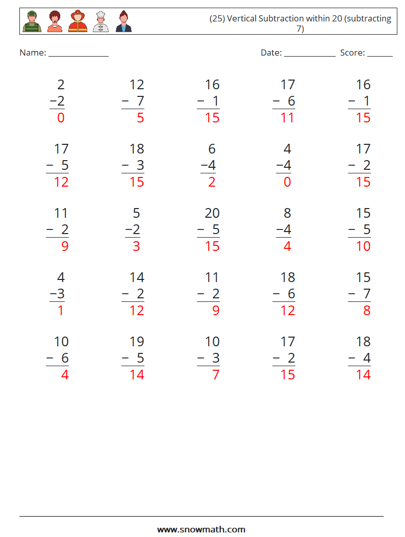 (25) Vertical Subtraction within 20 (subtracting 7) Maths Worksheets 10 Question, Answer