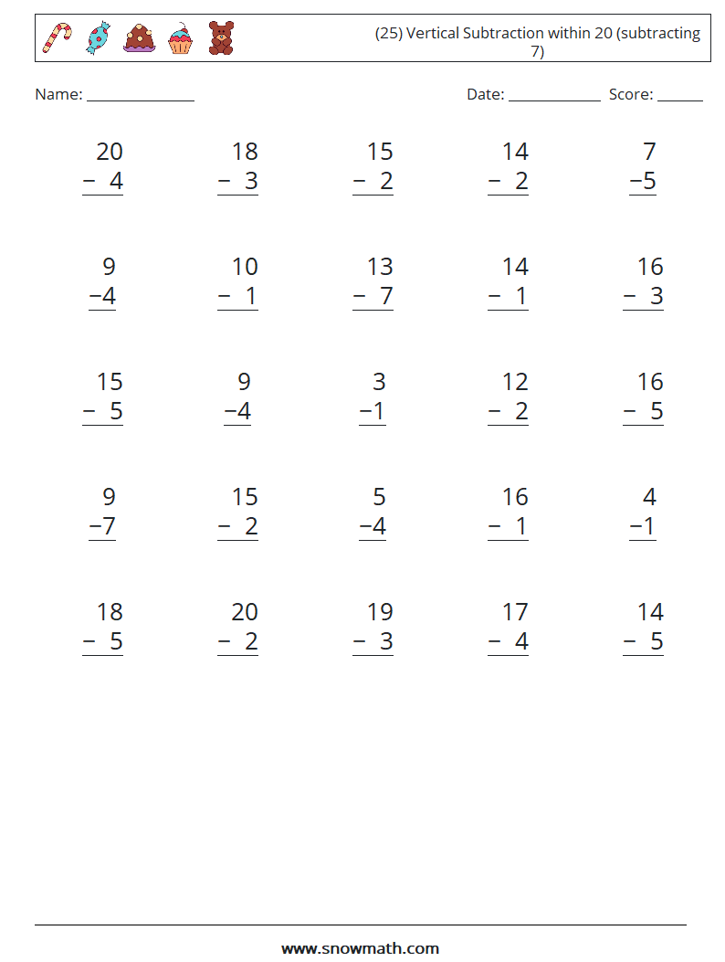 (25) Vertical Subtraction within 20 (subtracting 7) Maths Worksheets 11